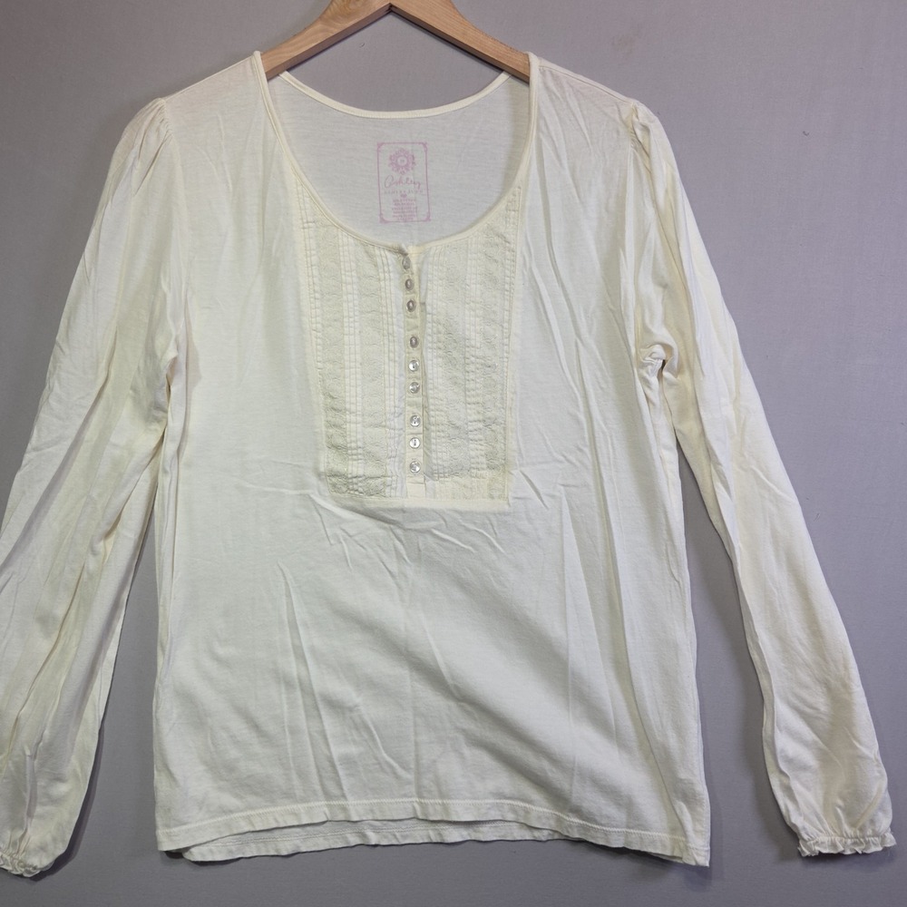 Ashley Judd Women's Medium Ivory Embroidered‎ Henley Long Sleeve Knit Top Boho